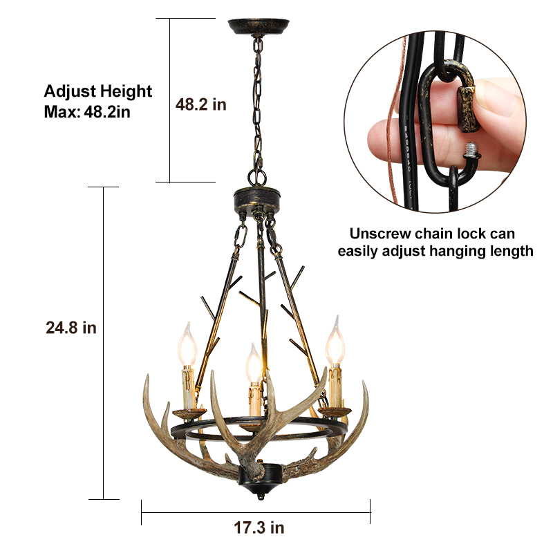 Debemenes Resin Antler Chandelier 3 Light, Large Retro Metal Farmhouse Pendant Light Fixture for Cabin Décor