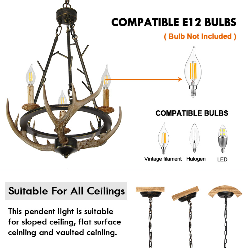 Debemenes Resin Antler Chandelier 3 Light, Large Retro Metal Farmhouse Pendant Light Fixture for Cabin Décor
