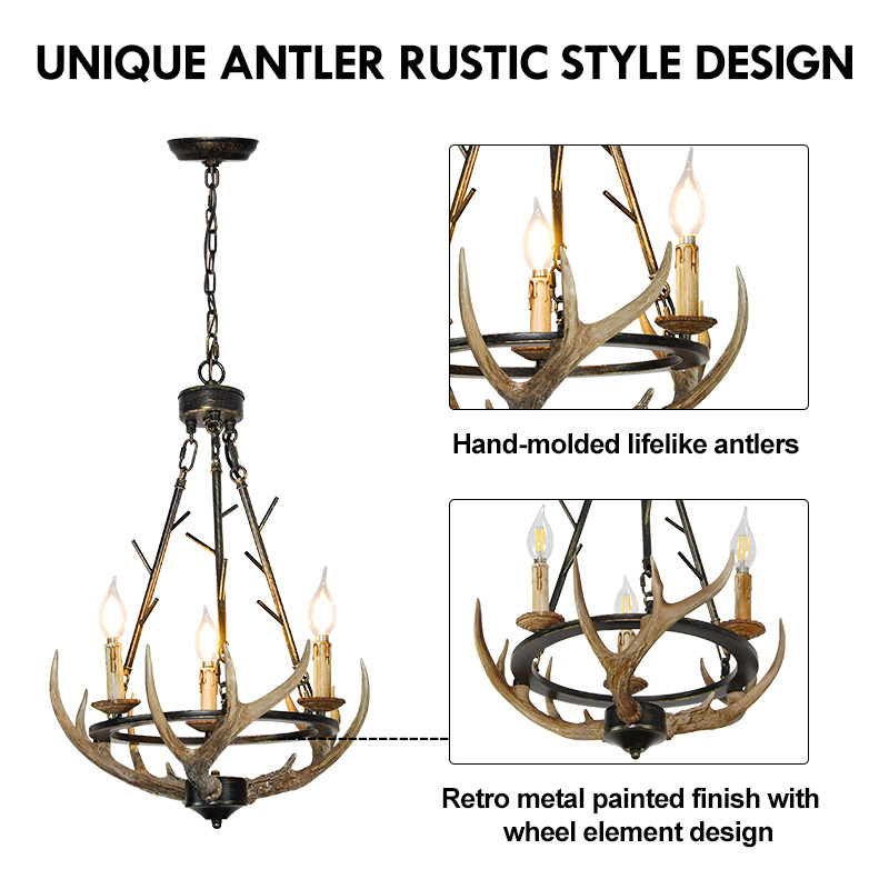Debemenes Resin Antler Chandelier 3 Light, Large Retro Metal Farmhouse Pendant Light Fixture for Cabin Décor