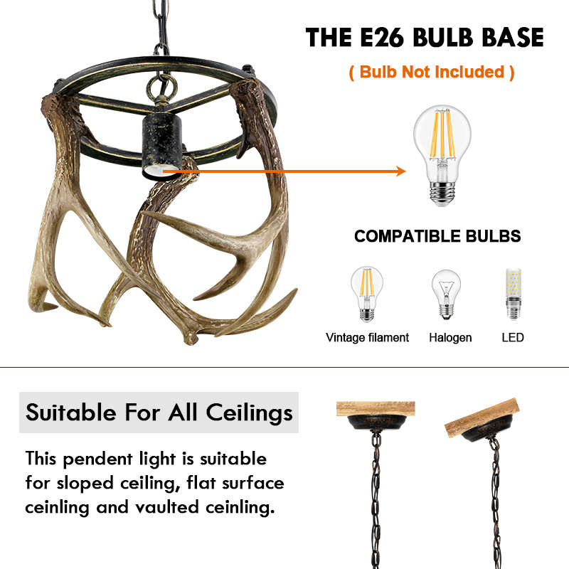 Debemenes Farmhouse Antler Pendant Light Retro Metal Resin Deer Hanging Light Fixture for Cabin Décor