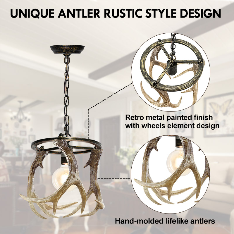Debemenes Farmhouse Antler Pendant Light Retro Metal Resin Deer Hanging Light Fixture for Cabin Décor