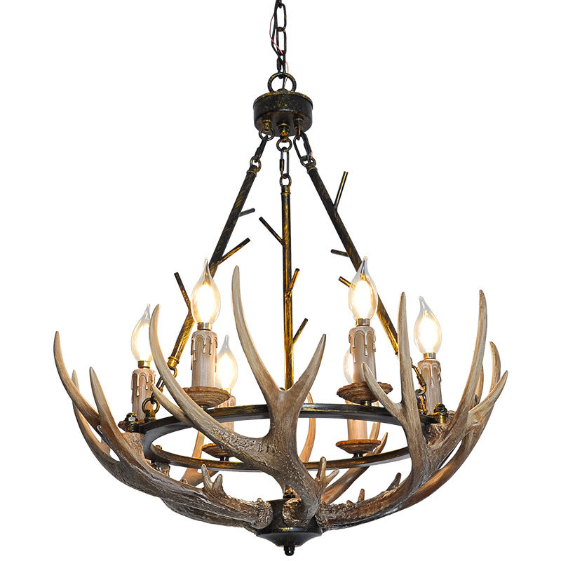 Debemenes Resin Antler Chandelier 6 Light, Large Retro Metal Farmhouse Pendant Light Fixture for Cabin Décor