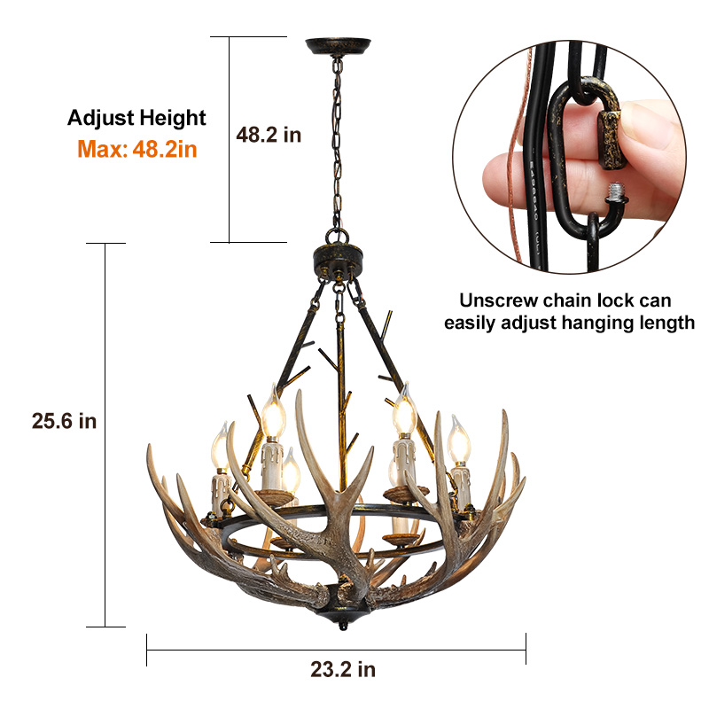 Debemenes Resin Antler Chandelier 6 Light, Large Retro Metal Farmhouse Pendant Light Fixture for Cabin Décor