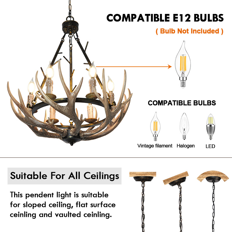 Debemenes Resin Antler Chandelier 6 Light, Large Retro Metal Farmhouse Pendant Light Fixture for Cabin Décor